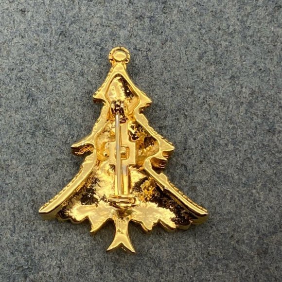 Christmas Pin Brooch Tree Gold Detailed Rhinestone Topper Green Red Ornaments - Picture 4 of 8